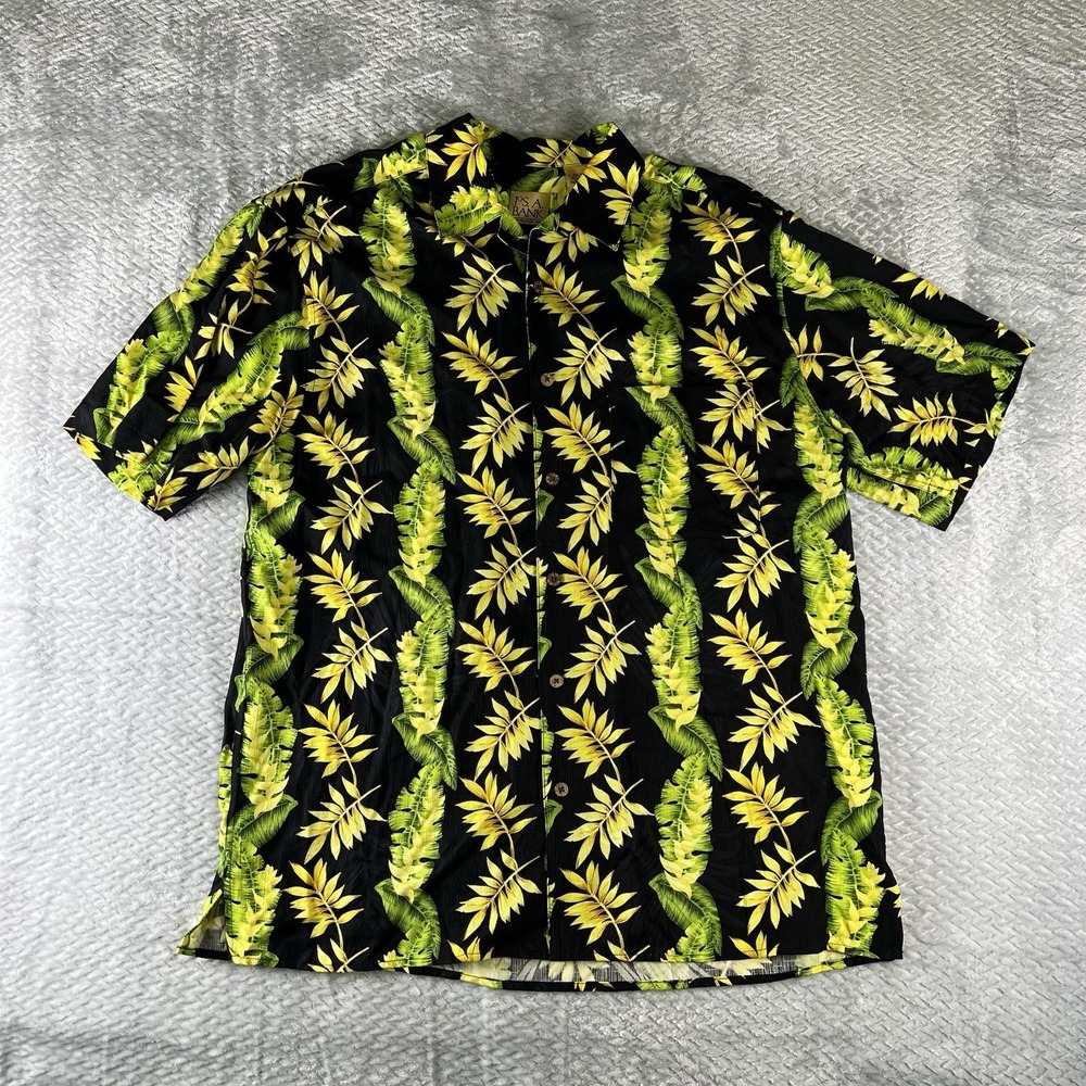 Jos A Bank Hawaiian Camp Shirt Mens Medium 100% Silk Black Tropical Leaf Aloha